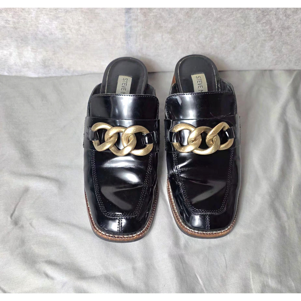 Steve Madden Lorie Black Patent Chain Mules Shoes Womens Size 7.5M Loafer